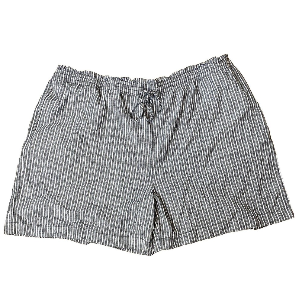 Terra & Sky 5X Linen Cotton Shorts Black White Stripe Elastic Waist Drawstring